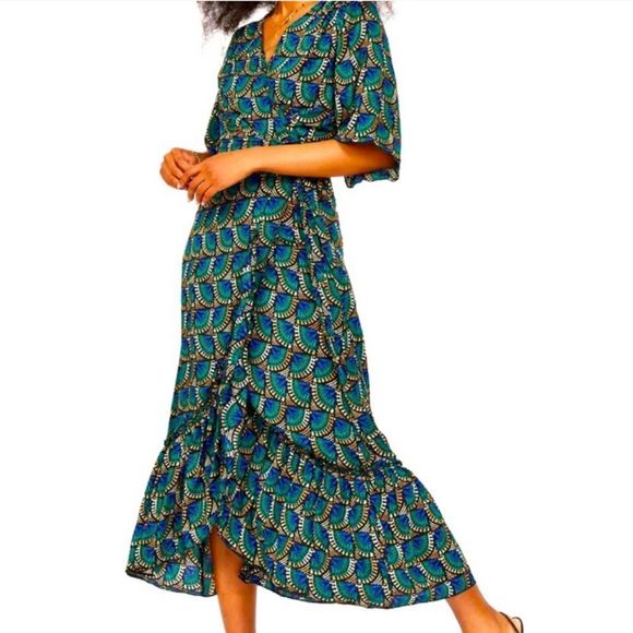 Silk & Salt Journey Maxi Wrap Dress in African Peacock NWT Flowy V Neck Print - Picture 1 of 6